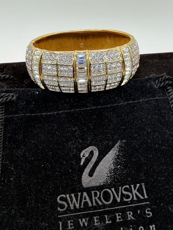 Swarovski Jewelry - Vintage Swarovski Crystal Gold Tone Hinged Cuff Bracelet Baguette Pavé